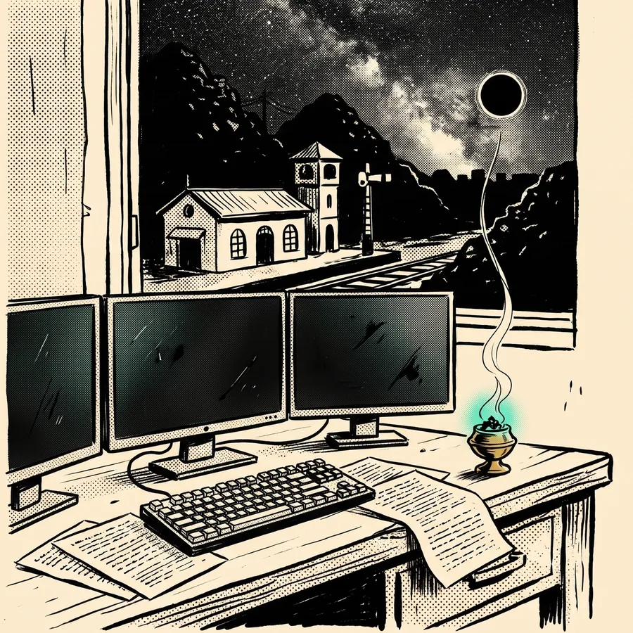 Comic illustration: three monitors and a keyboard on a wooden desk, a window onto a small railway station under a starry night sky.